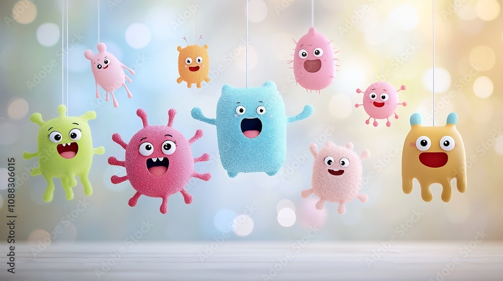 Poster Adorable cartoon germs with happy friendly expressions floating against a dreamy soft pastel colored bokeh background creating a playful whimsical and cheerful atmosphere