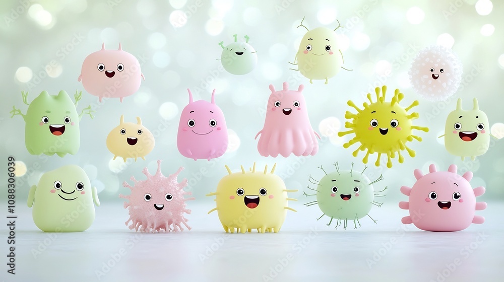 Poster Adorable cartoon germs with happy expressions floating against a dreamy soft pastel colored bokeh background creating a playful and friendly atmosphere