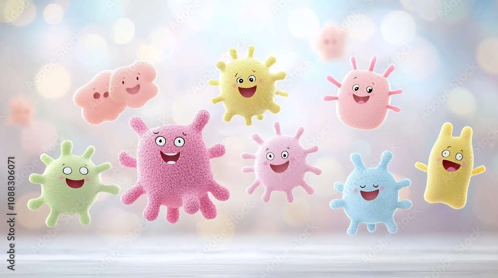 Poster Adorable and friendly cartoon germs or microbes with happy expressions floating against a dreamy soft pastel colored bokeh background creating a playful and whimsical atmosphere
