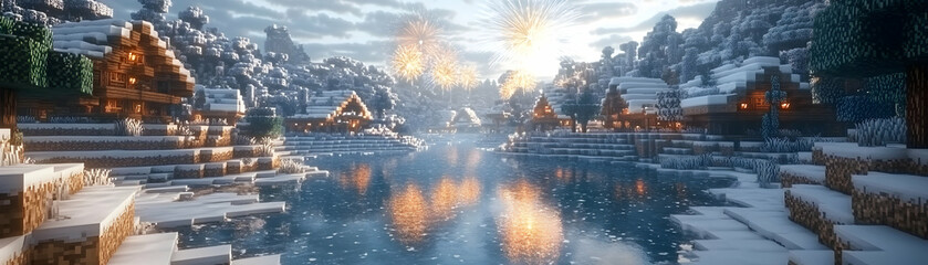 Obraz premium Winter village by a frozen lake with fireworks.