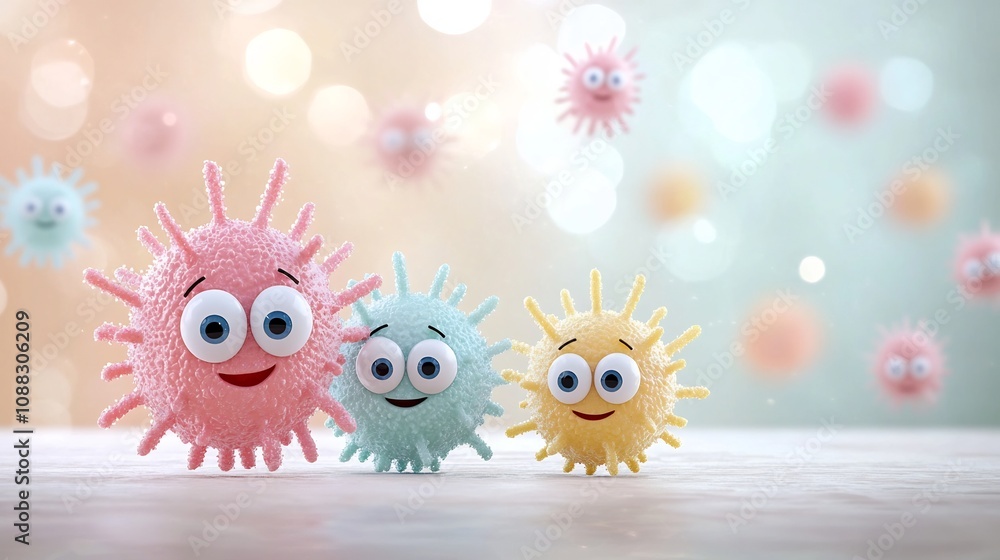 Poster Whimsical and cheerful of playful cartoon germs with big eyes and joyful expressions surrounded by a dreamy bokeh effect in warm pastel shades creating a fun and vibrant atmosphere