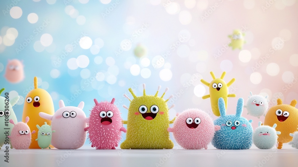 Poster cheerful colorful cartoon germs with expressive faces in a dreamy bokeh background of soft blues and