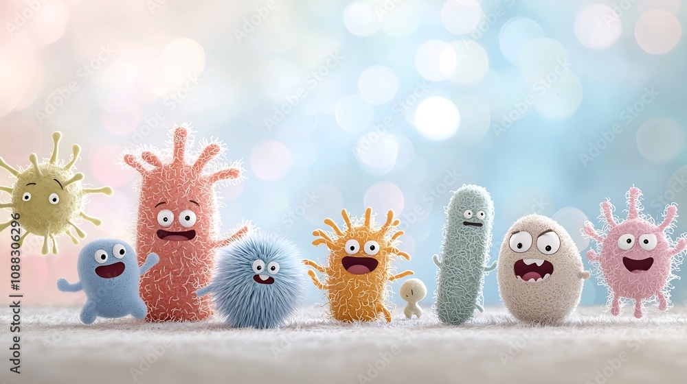 Poster Cheerful and Colorful Cartoon Germs with Expressive Faces in a Dreamy Bokeh Background of Soft Blues and Pinks Creating a Cozy and Cute Ambiance