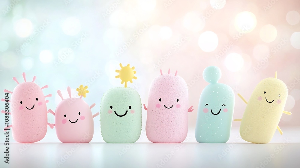 Poster charming and playful cartoon germs in soft pastel hues set against a dreamy blurred bokeh background
