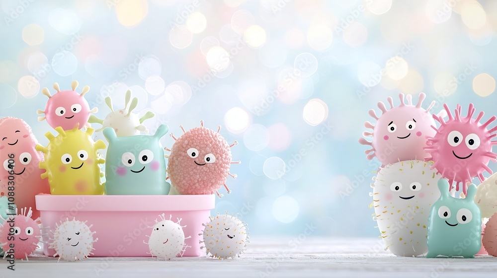 Poster Vibrant and cheerful cartoon germs set against a dreamy blurred bokeh background in soft pastel hues creating a playful and lighthearted atmosphere  This digital captures a friendly joyful