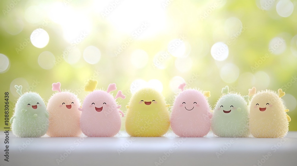 Poster cheerful cartoon germs in soft pastel hues against dreamy bokeh background playful and gentle ideal 