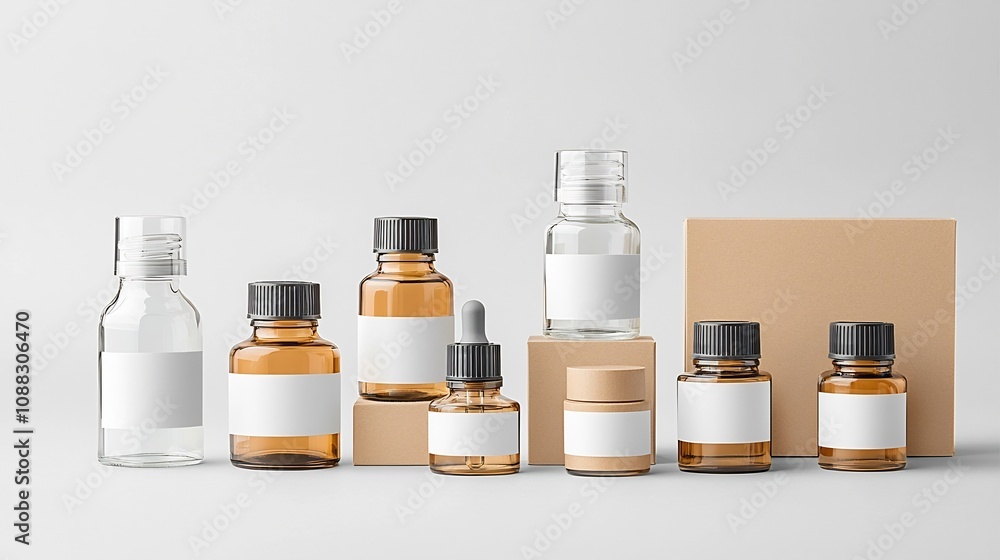 Aufkleber a set of contemporary and minimalist mockups featuring glass bottles with blank labels and cardboard