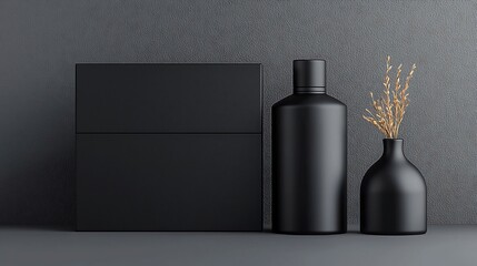 matte black packaging box and bottle mockup isolated on a plain background  Designed for luxury cosmetics perfumes or high end skincare products