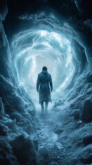 Fototapeta premium a man falling through an ice tunnel. Ice tunnel background, winter theme.