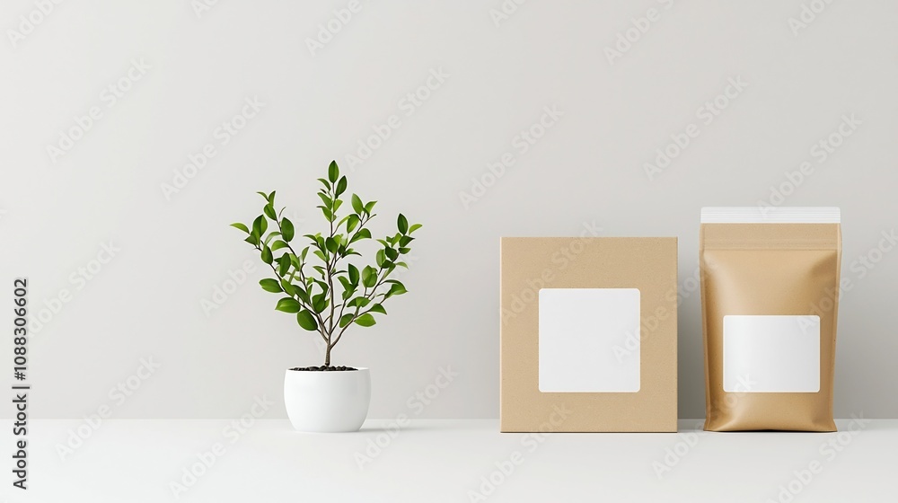 Aufkleber mockup of a cardboard box and pouch both with blank spaces for labels perfect for coffee or food pac