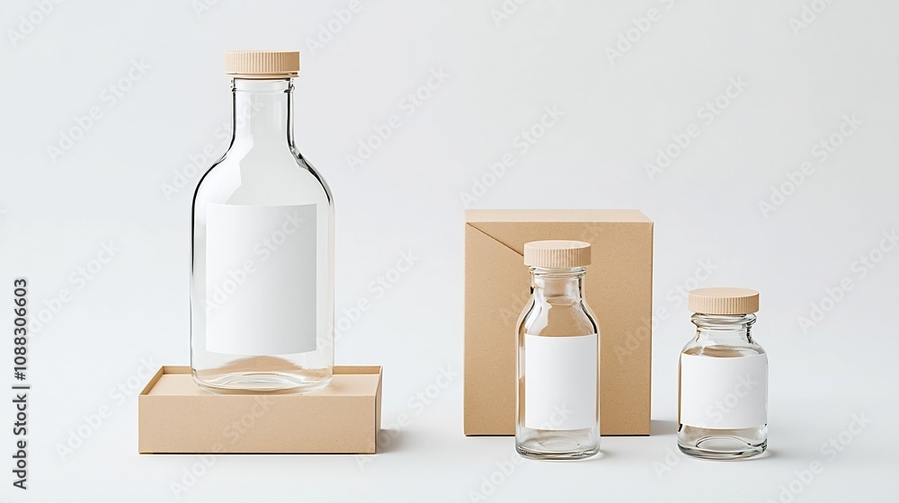 Aufkleber minimal mockup featuring a clear glass bottle with a blank label and a kraft paper box perfect for e
