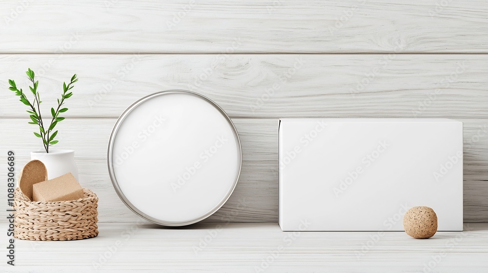 Aufkleber 3D mockup of a round tin can and a rectangular box both with blank surfaces for branding set on a wooden table background  Perfect for product packaging or retail display design
