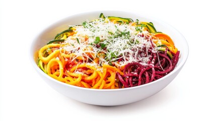 A bowl of colorful veggie noodles with spiralized zucchini, carrots, and beets topped with marinara sauce and grated Parmesan cheese