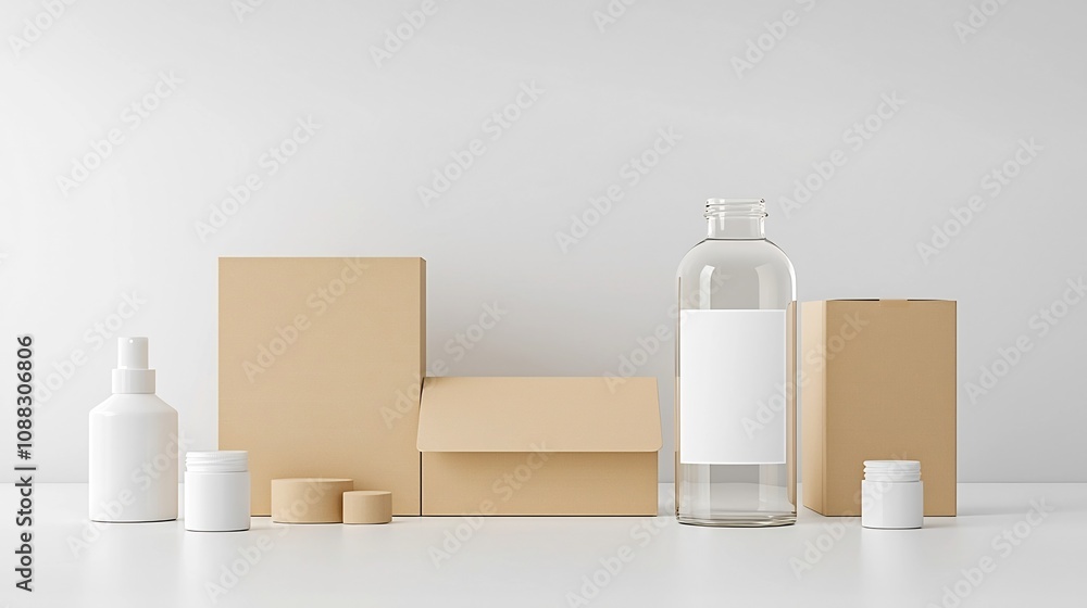 Poster elegant glass bottle mockup with a blank label positioned next to a simple cardboard box displayed i