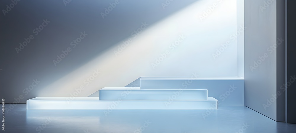 Poster 22. a frosted glass podium with a smooth base, illuminated by soft light from below, offering an ope