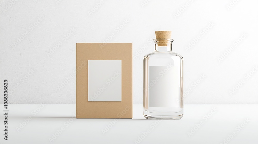 Poster elegant glass bottle mockup with a blank label placed next to a simple cardboard box showcased in a 