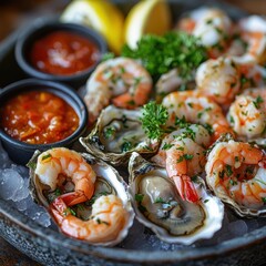 A delicious seafood platter featuring shrimp and oysters, garnished with herbs and served with dipping sauces and lemon wedges.