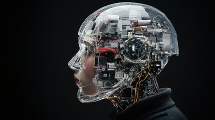 Fototapeta premium Side view portrait of AI robot with a woman face with transparent head with cables and connections Over black Studio Background.