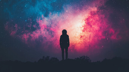 Fototapeta premium A silhouette of an astronaut standing on a rocky extraterrestrial surface gazing at a vivid starry sky showcasing themes of exploration mystery and the vastness of space