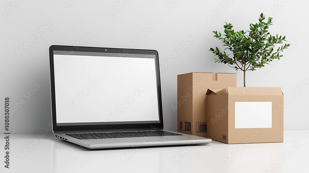 Aufkleber Minimalist laptop mockup with a blank screen set on a clean desktop alongside a cardboard box with a blank label perfect for showcasing packaging or web design concepts