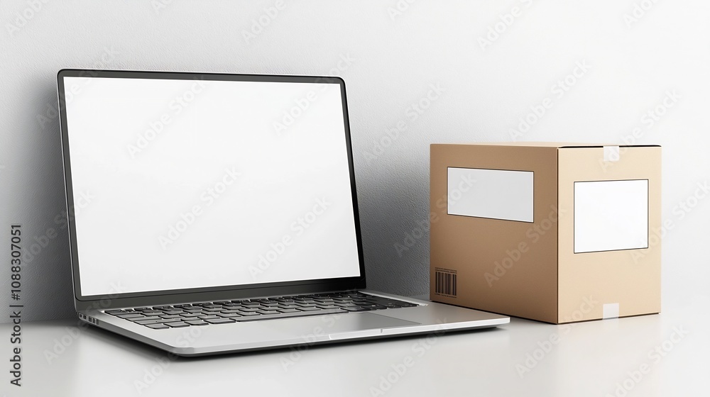 Aufkleber laptop mockup with blank cardboard box on clean desktop for presenting packaging and web design conc