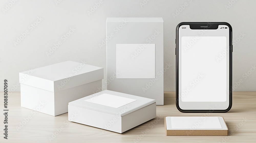 Aufkleber minimalist packaging mockup featuring a blank white box and label for product design alongside a sma