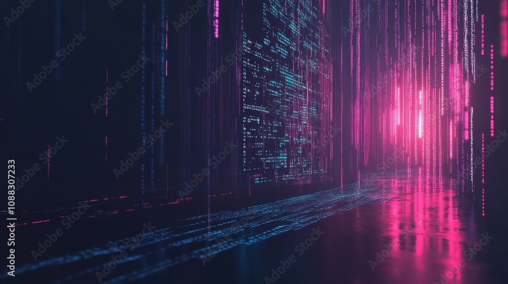 Poster abstract digital landscape with flowing data streams and vibrant neon colors.