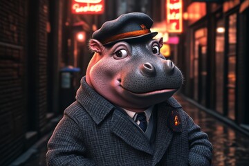 A cartoon-style hippo in a uniform stands confidently in a dimly lit alley, showcasing a blend of charm and authority amid neon lights.