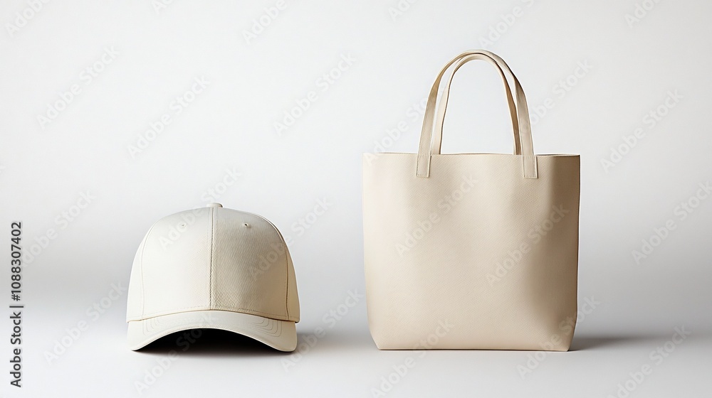 Aufkleber flat lay mockup showcasing a baseball cap and tote bag placed on a neutral background both with blan