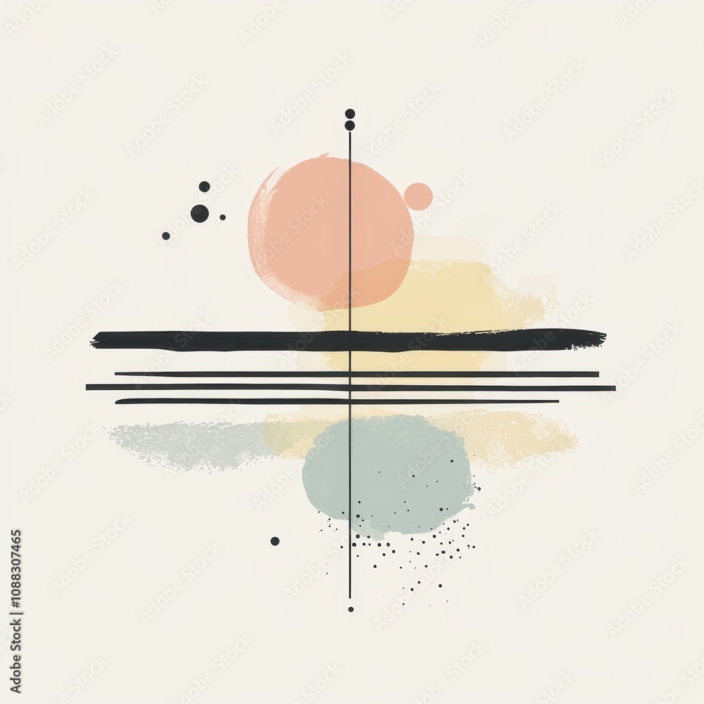Poster abstract composition featuring circles and lines in soft colors on a light background.