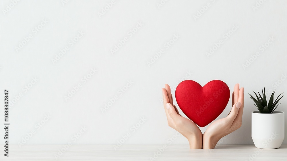 Poster embracing heart icon symbolizing love and kindness in a simple modern graphic design hands holding a