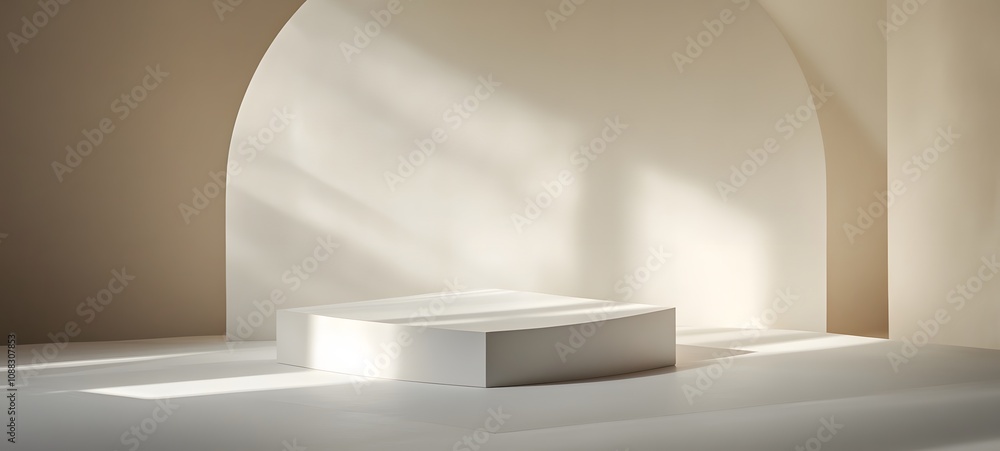 Poster 24. a white podium with clean edges, softly illuminated by a subtle spotlight, surrounded by negativ