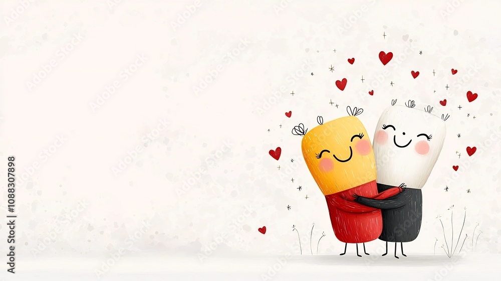 Poster Cheerful cartoon of two smiling characters embracing each other surrounded by small hearts and sparkles representing happiness connection and positive emotions
