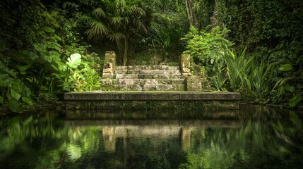 Obraz premium Enchanting Mayan Cenote with Ancient Stone Altars in Serene Jungle Setting - Ultra-Detailed Photo of Sacred Natural Beauty\