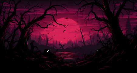 a red sunset with silhouettes and trees in the background