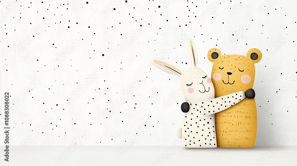 Poster Whimsical design featuring two adorable animals such as a bear and rabbit embracing in a friendly and playful manner  This is perfect for use in children s products nursery decor