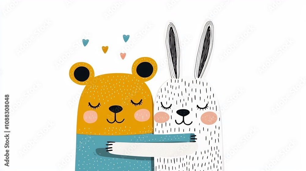 Aufkleber Playful design of a bear and rabbit hugging with friendly endearing expressions for use in children s products nursery decor or other cute design themes
