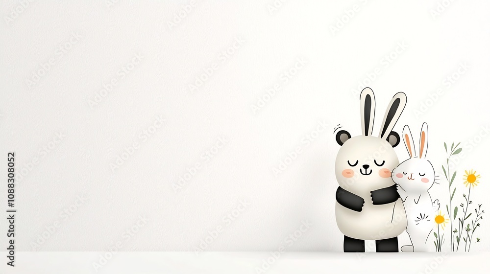 Poster Playful and charming depicting two friendly animals such as a bear and rabbit engaged in a heartwarming hug with joyful expressions  This whimsical design is perfect for children s products