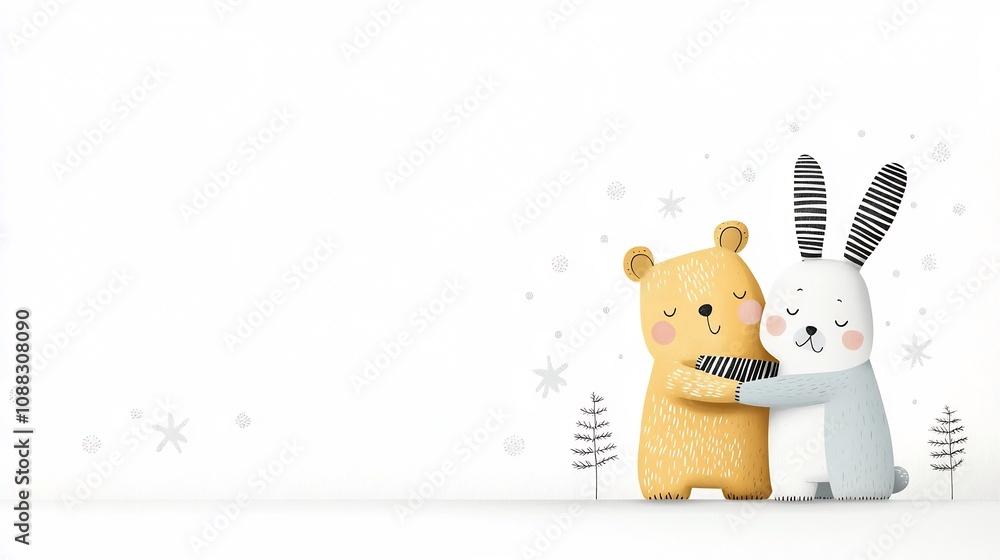 Poster Playful design featuring two adorable animal characters such as a bear and rabbit hugging and displaying friendly expressions  This is perfect for use in children s products nursery decor