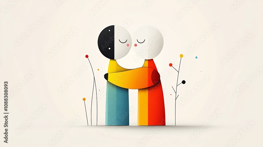Poster Minimalist and modern depicting two abstract figures embracing in a stylish geometric design using contrasting colors and simple shapes to create a conceptual representation of love affection