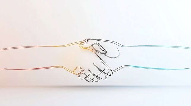 Overlapping abstract line art depicting two hands in a gentle embrace with a soft color gradient background and minimal details conveying a sense of connection support and compassion
