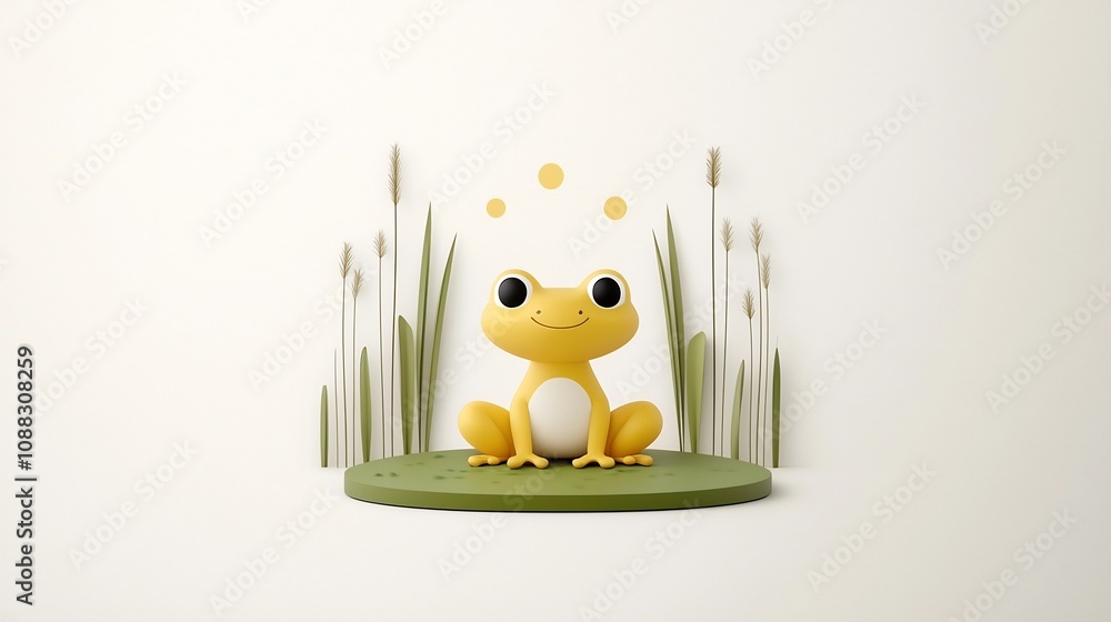 Aufkleber Minimalist icon design of a frog sitting on a lily pad with cattails in the background representing the diverse and fragile ecosystem of wetlands