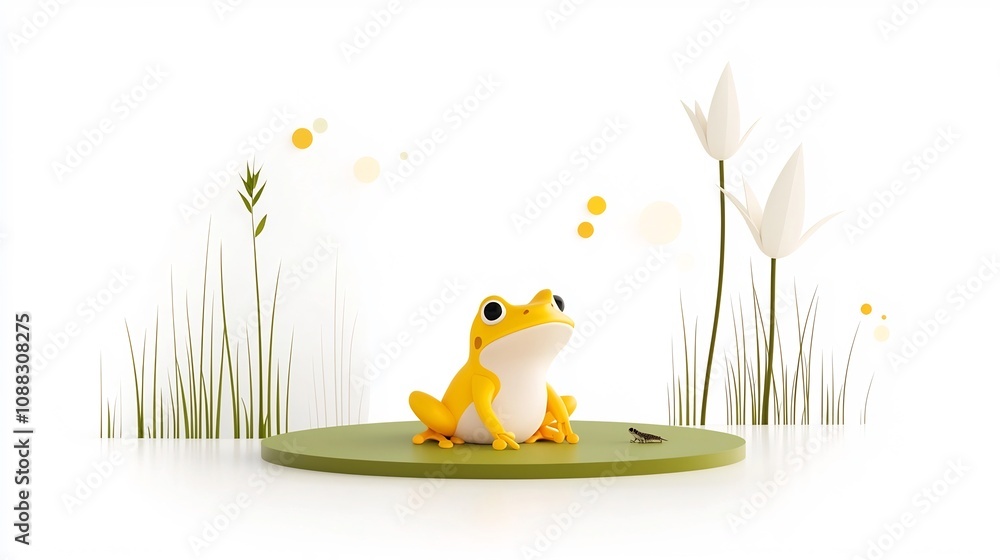 Aufkleber Minimalist icon design of a frog sitting on a lily pad with cattails in the background representing the rich biodiversity and importance of wetland ecosystems
