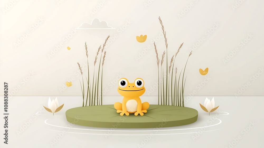 Aufkleber Stylized icon featuring a frog sitting on a lily pad with cattails in the background symbolizing the biodiversity and ecological importance of wetland habitats in a clean modern and minimalist design