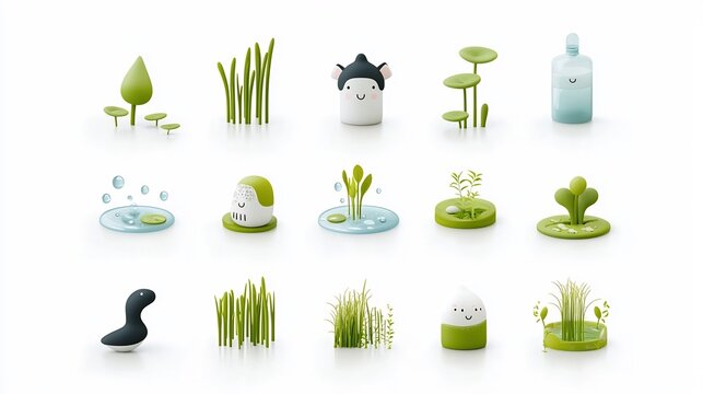 Minimalist icon set featuring water droplets reeds and lily pads to symbolize the importance and delicate beauty of wetland environments and the need for their conservation and preservation