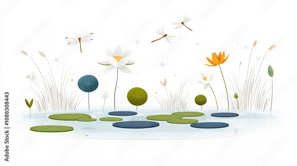Aufkleber minimalist and stylized graphic icon depicting the rich biodiversity of a wetland habitat featuring 
