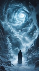 Obraz premium a man falling through an ice tunnel. Ice tunnel background, winter theme.