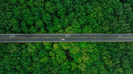 Aerial view of dark green forest road and white electric car Natural landscape and elevated roads...