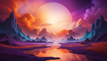 Dramatic red sunset in mountains. Vector style illustration.