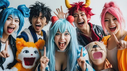Diverse group of cosplayers dressed in anime-inspired costumes, energetic and joyful expressions, close together, on white background